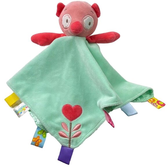 Taggies Owl Lovey Security Blanket Plush Rattle Pink Green Sensory Satin Fleece - Picture 1 of 8